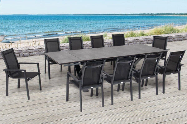 OUTFLEXX Esstischgarnitur, OUTFLEXX® Anthrazit Matt, Alu / HPL / Textil, Tisch 180/280x100cm, 10 Stapelsessel 3 OUTFLEXX Esstischgarnitur, OUTFLEXX® Anthrazit Matt, Alu / HPL / Textil, Tisch 180/280x100cm, 10 Stapelsessel