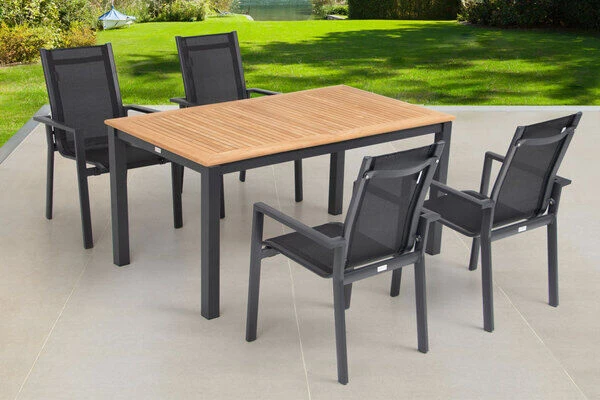 OUTFLEXX Esstischgarnitur, OUTFLEXX® Anthrazit Matt, Alu / Teak / Textil, Ausziehtisch 150/210x90cm, 4 Stapelsessel 3 OUTFLEXX Esstischgarnitur, OUTFLEXX® Anthrazit Matt, Alu / Teak / Textil, Ausziehtisch 150/210x90cm, 4 Stapelsessel