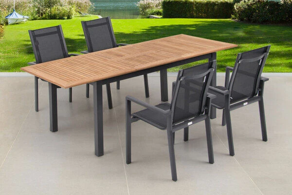 OUTFLEXX Esstischgarnitur, OUTFLEXX® Anthrazit Matt, Alu / Teak / Textil, Ausziehtisch 150/210x90cm, 4 Stapelsessel 8 OUTFLEXX Esstischgarnitur, OUTFLEXX® Anthrazit Matt, Alu / Teak / Textil, Ausziehtisch 150/210x90cm, 4 Stapelsessel – Bild 6