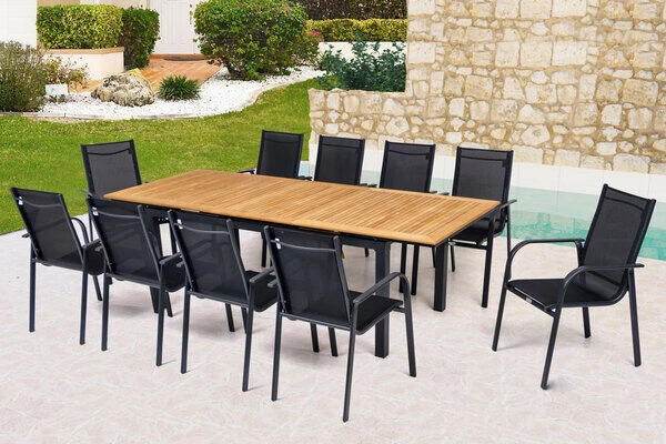 OUTFLEXX Esstischgarnitur, OUTFLEXX®anthrazit Matt, Alu / Teak / Textil, Tisch 180/240x100cm, 10 Sessel, Stapelbar 3 OUTFLEXX Esstischgarnitur, OUTFLEXX®anthrazit Matt, Alu / Teak / Textil, Tisch 180/240x100cm, 10 Sessel, Stapelbar