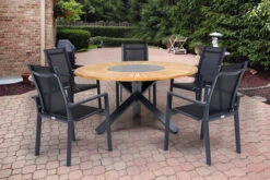 OUTFLEXX Esstischgarnitur, OUTFLEXX® Anthrazit Matt, Alu / Teak / Textil, Esstisch Ø 150 Cm, 5 Stapelsessel