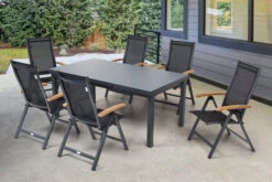 OUTFLEXX Premium Esstischgarnitur, OUTFLEXX® Anthrazit Matt, Alu / Glas / Teak, Tisch 180/240x100cm, 6 Multipositionssessel