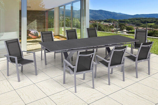 OUTFLEXX Esstischgarnitur, Silber, Alu / Keramik / Textil, Tisch 180/280x100cm, 8 Stapelsessel