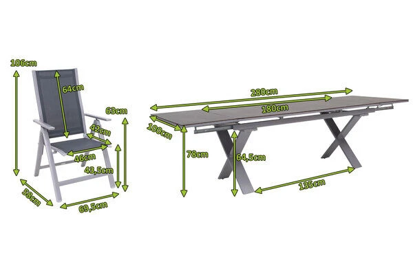 OUTFLEXX Esstischgarnitur, Silber, Alu / HPL / Textil, Tisch 180/280x100cm, 10 Multipositionssessel 7 OUTFLEXX Esstischgarnitur, Silber, Alu / HPL / Textil, Tisch 180/280x100cm, 10 Multipositionssessel – Bild 5