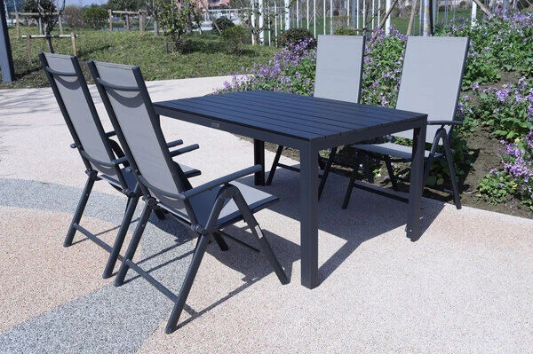 VILLANA Esstischgarnitur, Anthrazit/grau, Alu/Holzimitat/Textil, Tisch 150x90cm, 4 Multipositionssessel 3 VILLANA Esstischgarnitur, Anthrazit/grau, Alu/Holzimitat/Textil, Tisch 150x90cm, 4 Multipositionssessel