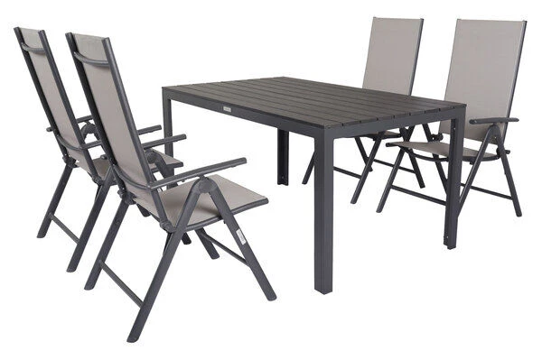 VILLANA Esstischgarnitur, Anthrazit/grau, Alu/Holzimitat/Textil, Tisch 150x90cm, 4 Multipositionssessel 4 VILLANA Esstischgarnitur, Anthrazit/grau, Alu/Holzimitat/Textil, Tisch 150x90cm, 4 Multipositionssessel – Bild 2