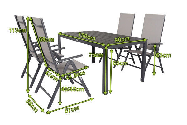 VILLANA Esstischgarnitur, Anthrazit/grau, Alu/Holzimitat/Textil, Tisch 150x90cm, 4 Multipositionssessel 7 VILLANA Esstischgarnitur, Anthrazit/grau, Alu/Holzimitat/Textil, Tisch 150x90cm, 4 Multipositionssessel – Bild 5
