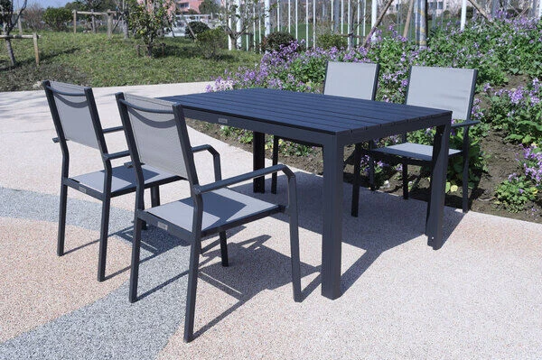 VILLANA Esstischgarnitur, Anthrazit/grau, Alu/Holzimitat/Textil, Tisch 150x90cm, 4 Stapelsessel 3 VILLANA Esstischgarnitur, Anthrazit/grau, Alu/Holzimitat/Textil, Tisch 150x90cm, 4 Stapelsessel