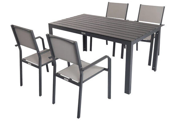 VILLANA Esstischgarnitur, Anthrazit/grau, Alu/Holzimitat/Textil, Tisch 150x90cm, 4 Stapelsessel 4 VILLANA Esstischgarnitur, Anthrazit/grau, Alu/Holzimitat/Textil, Tisch 150x90cm, 4 Stapelsessel – Bild 2