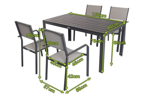VILLANA Esstischgarnitur, Anthrazit/grau, Alu/Holzimitat/Textil, Tisch 150x90cm, 4 Stapelsessel 7 VILLANA Esstischgarnitur, Anthrazit/grau, Alu/Holzimitat/Textil, Tisch 150x90cm, 4 Stapelsessel – Bild 5