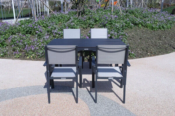 VILLANA Esstischgarnitur, Anthrazit/grau, Alu/Holzimitat/Textil, Tisch 150x90cm, 4 Stapelsessel 8 VILLANA Esstischgarnitur, Anthrazit/grau, Alu/Holzimitat/Textil, Tisch 150x90cm, 4 Stapelsessel – Bild 6