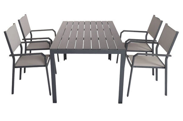 VILLANA Esstischgarnitur, Anthrazit/grau, Alu/Holzimitat/Textil, Tisch 150x90cm, 4 Stapelsessel 10 VILLANA Esstischgarnitur, Anthrazit/grau, Alu/Holzimitat/Textil, Tisch 150x90cm, 4 Stapelsessel – Bild 8