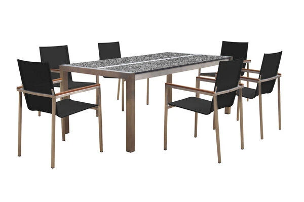 OUTFLEXX Esstischgarnitur, Silber/schwarz, Edelstahl/Granit/Textil, 200x100 Cm, 6 Gartensessel, Teakarmlehnen 3 OUTFLEXX Esstischgarnitur, Silber/schwarz, Edelstahl/Granit/Textil, 200x100 Cm, 6 Gartensessel, Teakarmlehnen