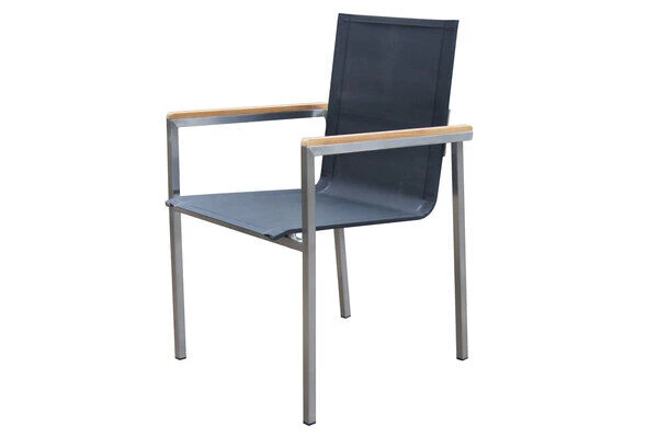 OUTFLEXX Esstischgarnitur, Silber/schwarz, Edelstahl/Granit/Textil, 200x100 Cm, 6 Gartensessel, Teakarmlehnen 5 OUTFLEXX Esstischgarnitur, Silber/schwarz, Edelstahl/Granit/Textil, 200x100 Cm, 6 Gartensessel, Teakarmlehnen – Bild 3