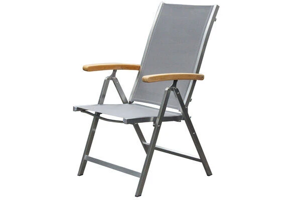 OUTFLEXX Esstischgarnitur, Silber/taupe, Edelstahl/Granit/Textilene, 200x100 Cm, 4 Freischwinger, 2 Multipos, Padded, Teakarmlehnen 6 OUTFLEXX Esstischgarnitur, Silber/taupe, Edelstahl/Granit/Textilene, 200x100 Cm, 4 Freischwinger, 2 Multipos, Padded, Teakarmlehnen – Bild 4