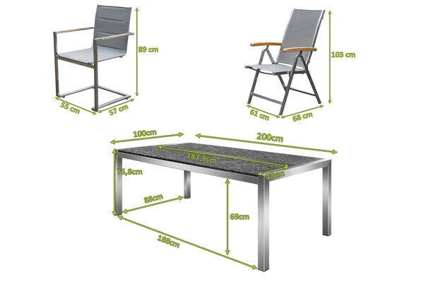 OUTFLEXX Esstischgarnitur, Silber/taupe, Edelstahl/Granit/Textilene, 200x100 Cm, 4 Freischwinger, 2 Multipos, Padded, Teakarmlehnen 7 OUTFLEXX Esstischgarnitur, Silber/taupe, Edelstahl/Granit/Textilene, 200x100 Cm, 4 Freischwinger, 2 Multipos, Padded, Teakarmlehnen – Bild 5