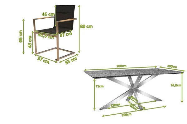 OUTFLEXX Esstischgarnitur, Silber/schwarz, Edelstahl/Granit/Textil, 200x100 Cm, 6 Freischwinger, Padded, Armlehnen Aus FSC-Teak 7 OUTFLEXX Esstischgarnitur, Silber/schwarz, Edelstahl/Granit/Textil, 200x100 Cm, 6 Freischwinger, Padded, Armlehnen Aus FSC-Teak – Bild 5
