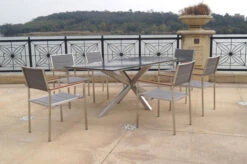 OUTFLEXX Esstischgarnitur, Silber/weiß, Edelstahl/Granit/Textil, 200x100 Cm, 6 Stühle, Padded, Armlehnen Aus Teak