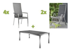 STERN Esstischgarnitur, Silbergrau/grau, Edelstahl/Textilene, Tisch 200 X 100 Cm, 2 Teilige Tischplatte, 4 Stapelsessel, Hohe Rückenlehne, 2 Multipo