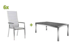 STERN Esstischgarnitur, Silber/grau, Edelstahl/Textilene, Tisch 200 X 100 Cm, 2 Teilige Tischplatte, 6 Stapelsessel, Padded, Hohe Rückenlehne