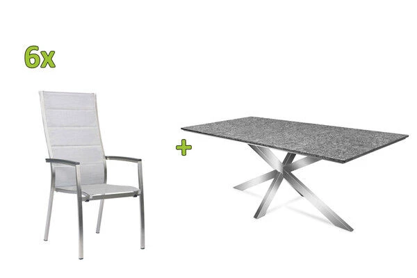 STERN Esstischgarnitur, Silber/grau, Edelstahl/Textilene, Tisch 200 X 100 Cm, 6 Stapelsessel, Hohe Rückenlehne, Padded 3 STERN Esstischgarnitur, Silber/grau, Edelstahl/Textilene, Tisch 200 X 100 Cm, 6 Stapelsessel, Hohe Rückenlehne, Padded