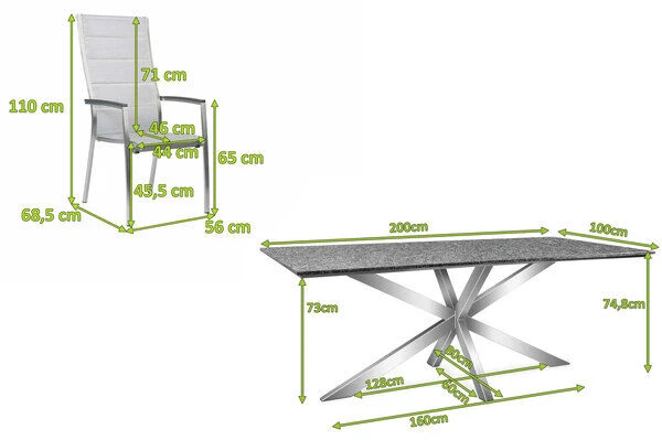 STERN Esstischgarnitur, Silber/grau, Edelstahl/Textilene, Tisch 200 X 100 Cm, 6 Stapelsessel, Hohe Rückenlehne, Padded 4 STERN Esstischgarnitur, Silber/grau, Edelstahl/Textilene, Tisch 200 X 100 Cm, 6 Stapelsessel, Hohe Rückenlehne, Padded – Bild 2