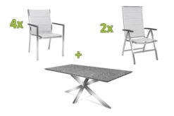 STERN Esstischgarnitur, Silber/grau, Edelstahl/Textilene, Tisch 200 X 100 Cm, 4 Stapelsessel, 2 Multipo, Padded
