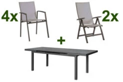 STERN New Top Esstischgarnitur, Anthrazit, Alu / Glas / Textil, Ausziehtisch 180/240x100cm, 4 Stapel-, 2 Klappsessel