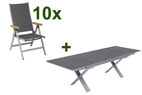 KETTLER Granada Esstischgarnitur, Silber / Anthrazit, Alu / Spraystone / Teak, Tisch 180/280x100cm, 10 Multipositionssessel 3 KETTLER Granada Esstischgarnitur, Silber / Anthrazit, Alu / Spraystone / Teak, Tisch 180/280x100cm, 10 Multipositionssessel