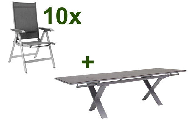KETTLER BasicPlus Esstischgarnitur, Silber / Anthrazit, Alu / HPL / Textil, Tisch 180/280x100cm, 10 Multipositionssessel 3 KETTLER BasicPlus Esstischgarnitur, Silber / Anthrazit, Alu / HPL / Textil, Tisch 180/280x100cm, 10 Multipositionssessel