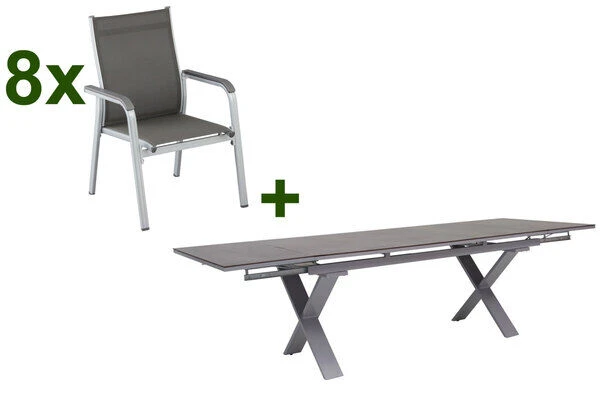 KETTLER BasicPlus Esstischgarnitur, Silber / Anthrazit, Alu / HPL / Textil, Tisch 180/280x100cm, 8 Stapelsessel 3 KETTLER BasicPlus Esstischgarnitur, Silber / Anthrazit, Alu / HPL / Textil, Tisch 180/280x100cm, 8 Stapelsessel
