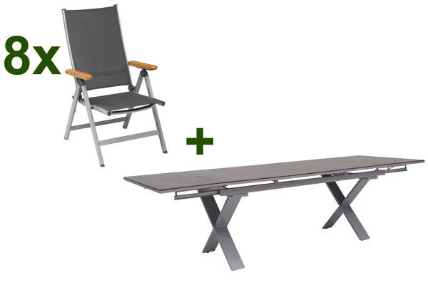 KETTLER Granada Esstischgarnitur, Silber / Anthrazit, Alu / HPL / Teak, Tisch 180/280x100cm, 8 Multipositionssessel 3 KETTLER Granada Esstischgarnitur, Silber / Anthrazit, Alu / HPL / Teak, Tisch 180/280x100cm, 8 Multipositionssessel