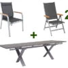 KETTLER Granada Esstischgarnitur, Silber / Anthrazit, Alu / HPL / Teak, Tisch 180/280x100cm, 6 Stapelsessel, 2 Multipo
