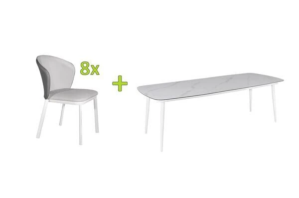 OUTFLEXX Esstischgarnitur, Weiß, Alu/Glas/Sling-Textilene, 9-teilig, Tisch 220x100 Cm, Glasplatte In Keramikoptik 4 OUTFLEXX Esstischgarnitur, Weiß, Alu/Glas/Sling-Textilene, 9-teilig, Tisch 220x100 Cm, Glasplatte In Keramikoptik – Bild 2