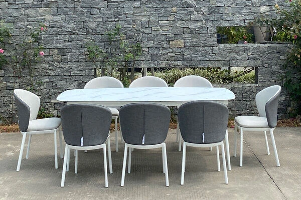 OUTFLEXX Esstischgarnitur, Weiß, Alu/Glas/Sling-Textilene, 9-teilig, Tisch 220x100 Cm, Glasplatte In Keramikoptik 3 OUTFLEXX Esstischgarnitur, Weiß, Alu/Glas/Sling-Textilene, 9-teilig, Tisch 220x100 Cm, Glasplatte In Keramikoptik