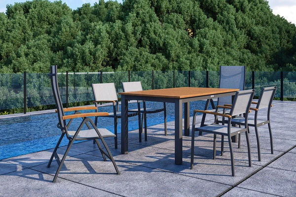 VILLANA Esstischgarnitur, Anthrazit/grau, Alu/ FSC-Akazienholz, Ausziehtisch 150/200 Cm, 4 Stapelstühle, 2 Multipositionssessel 9 VILLANA Esstischgarnitur, Anthrazit/grau, Alu/ FSC-Akazienholz, Ausziehtisch 150/200 Cm, 4 Stapelstühle, 2 Multipositionssessel – Bild 7