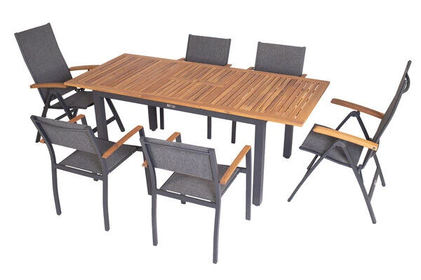 VILLANA Esstischgarnitur, Anthrazit/grau, Alu/ FSC-Akazienholz, Ausziehtisch 150/200 Cm, 4 Stapelstühle, 2 Multipositionssessel 12 VILLANA Esstischgarnitur, Anthrazit/grau, Alu/ FSC-Akazienholz, Ausziehtisch 150/200 Cm, 4 Stapelstühle, 2 Multipositionssessel – Bild 10