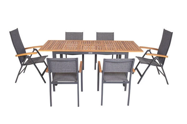 VILLANA Esstischgarnitur, Anthrazit/grau, Alu/ FSC-Akazienholz, Ausziehtisch 150/200 Cm, 4 Stapelstühle, 2 Multipositionssessel 13 VILLANA Esstischgarnitur, Anthrazit/grau, Alu/ FSC-Akazienholz, Ausziehtisch 150/200 Cm, 4 Stapelstühle, 2 Multipositionssessel – Bild 11