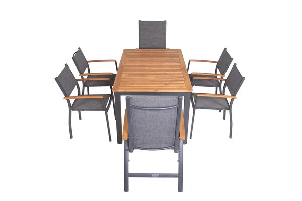 VILLANA Esstischgarnitur, Anthrazit/grau, Alu/ FSC-Akazienholz, Ausziehtisch 150/200 Cm, 4 Stapelstühle, 2 Multipositionssessel 16 VILLANA Esstischgarnitur, Anthrazit/grau, Alu/ FSC-Akazienholz, Ausziehtisch 150/200 Cm, 4 Stapelstühle, 2 Multipositionssessel – Bild 14