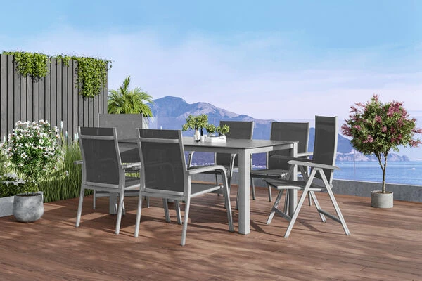 KETTLER Cubic/Basic Plus Esstischgarnitur, Silber/anthrazit, Alu/Textilene, Tisch 160x90 Cm, 4 Stapelsessel, 2 Multipo 3 KETTLER Cubic/Basic Plus Esstischgarnitur, Silber/anthrazit, Alu/Textilene, Tisch 160x90 Cm, 4 Stapelsessel, 2 Multipo