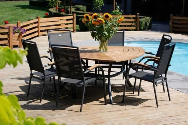 HARTMAN Raffaelo Stapelsessel, Xerix/anthrazit, Alu/Textilene, Mit FSC-Teak-Armlehnen 4 HARTMAN Raffaelo Stapelsessel, Xerix/anthrazit, Alu/Textilene, Mit FSC-Teak-Armlehnen – Bild 2