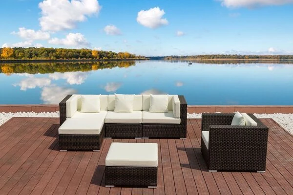 OUTFLEXX Loungemöbel-Set, Braun Marmoriert, Polyrattan, 5 Pers, Wasserfeste Kissenbox, Inkl. Beistelltisch 4 OUTFLEXX Loungemöbel-Set, Braun Marmoriert, Polyrattan, 5 Pers, Wasserfeste Kissenbox, Inkl. Beistelltisch – Bild 2