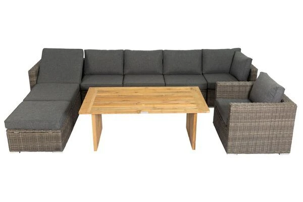 OUTFLEXX Loungegarnitur, Polyrattan/Teakholz, Tisch 160x90cm, Für 8 Personen, Wasserfeste Kissenbox 4 OUTFLEXX Loungegarnitur, Polyrattan/Teakholz, Tisch 160x90cm, Für 8 Personen, Wasserfeste Kissenbox – Bild 2