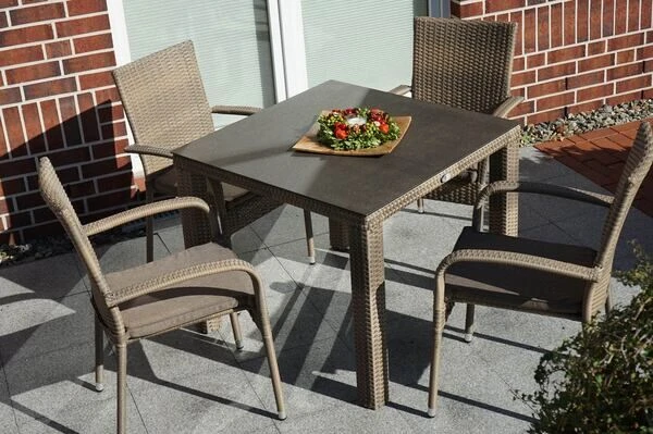 Ploß Rabida Dining Tisch, Champagner-meliert, Polyrattan, 90 X 90 Cm, Glasplatte In Steinoptik 4 Ploß Rabida Dining Tisch, Champagner-meliert, Polyrattan, 90 X 90 Cm, Glasplatte In Steinoptik – Bild 2