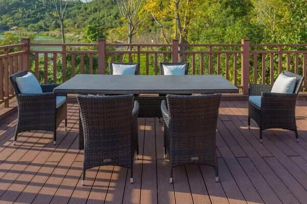 OUTFLEXX Dining Set, Braun Marmoriert, Polyrattan, Tisch 220x100cm, Spraystone, 6mm, 6 Sessel 4 OUTFLEXX Dining Set, Braun Marmoriert, Polyrattan, Tisch 220x100cm, Spraystone, 6mm, 6 Sessel – Bild 2