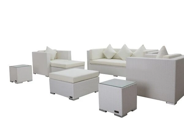 OUTFLEXX Loungemöbel-Set, Weiß, Polyrattan, Für 6 Personen, Inkl. Kaffeetisch, Wasserfeste Kissenbox 4 OUTFLEXX Loungemöbel-Set, Weiß, Polyrattan, Für 6 Personen, Inkl. Kaffeetisch, Wasserfeste Kissenbox – Bild 2