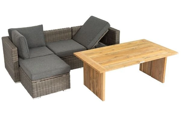 OUTFLEXX Loungegarnitur, Polyrattan/Teakholz, Tisch 160x90cm, Für 4 Personen, Wasserfeste Kissenbox 5 OUTFLEXX Loungegarnitur, Polyrattan/Teakholz, Tisch 160x90cm, Für 4 Personen, Wasserfeste Kissenbox – Bild 3