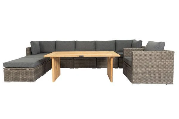 OUTFLEXX Loungegarnitur, Polyrattan/Teakholz, Tisch 160x90cm, Für 8 Personen, Wasserfeste Kissenbox 5 OUTFLEXX Loungegarnitur, Polyrattan/Teakholz, Tisch 160x90cm, Für 8 Personen, Wasserfeste Kissenbox – Bild 3