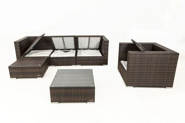 OUTFLEXX Loungemöbel-Set, Braun Marmoriert, Polyrattan, 5 Pers, Wasserfeste Kissenbox, Inkl. Beistelltisch 6 OUTFLEXX Loungemöbel-Set, Braun Marmoriert, Polyrattan, 5 Pers, Wasserfeste Kissenbox, Inkl. Beistelltisch – Bild 4