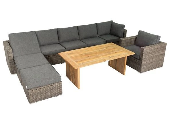 OUTFLEXX Loungegarnitur, Polyrattan/Teakholz, Tisch 160x90cm, Für 8 Personen, Wasserfeste Kissenbox 6 OUTFLEXX Loungegarnitur, Polyrattan/Teakholz, Tisch 160x90cm, Für 8 Personen, Wasserfeste Kissenbox – Bild 4